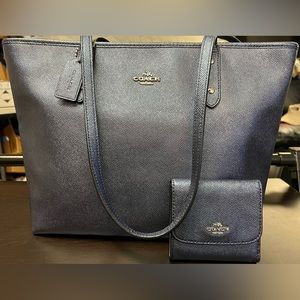 Coach F16224 Crossgrain Leather Metallic Blue City Tote Bag Carryall W/ Wallet